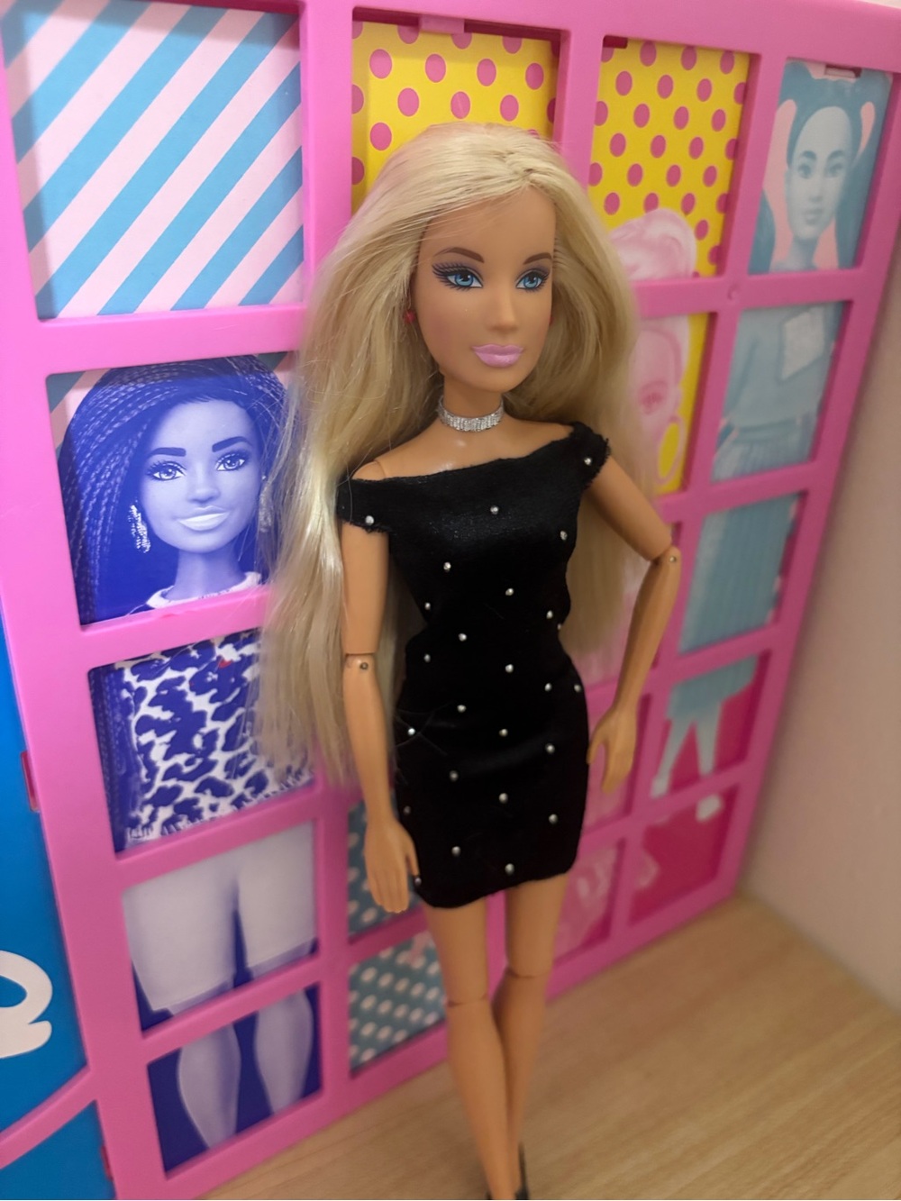 Barbie Black Off-Shoulder Mini Dress with Pearl Studs